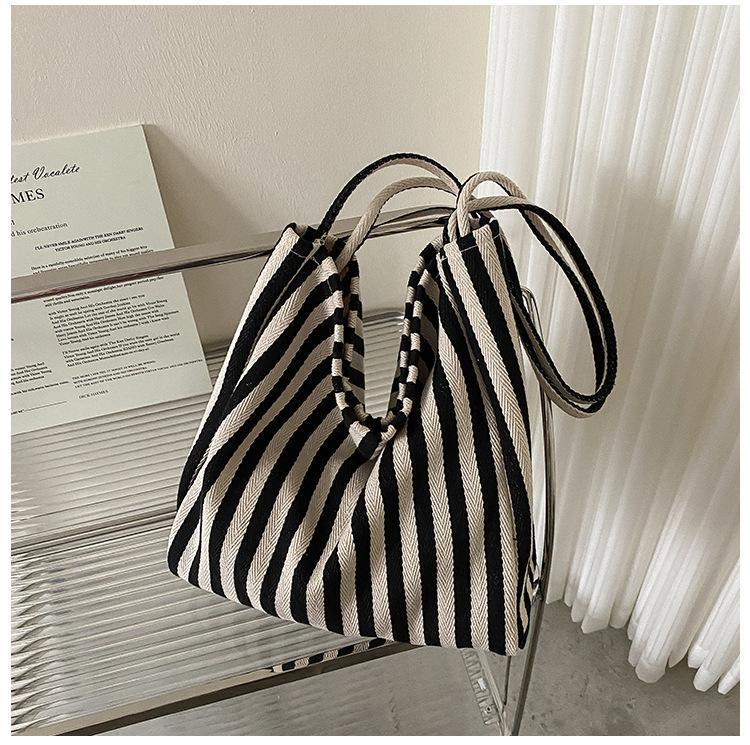Simple Stripe Canvas Tote Bag for Women, Minimalist Ins Style, Bohemian Casual Fashion, Shopping Bag, Shoulder Handbag, Large Capacity