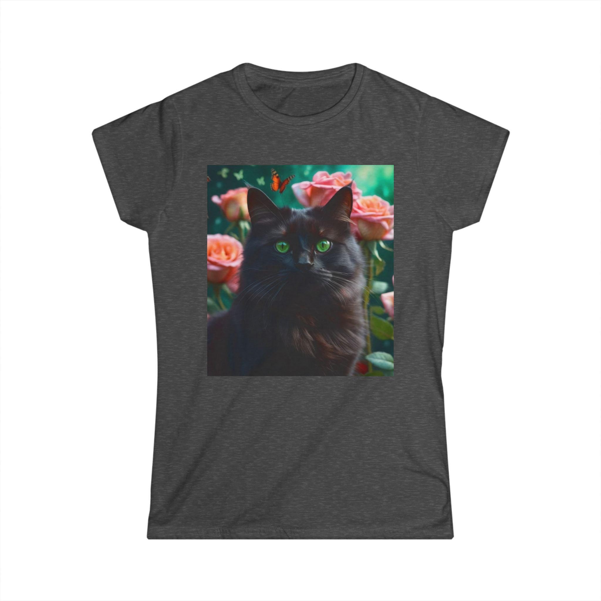 Black Cat with Flowers and Butterflies Tee