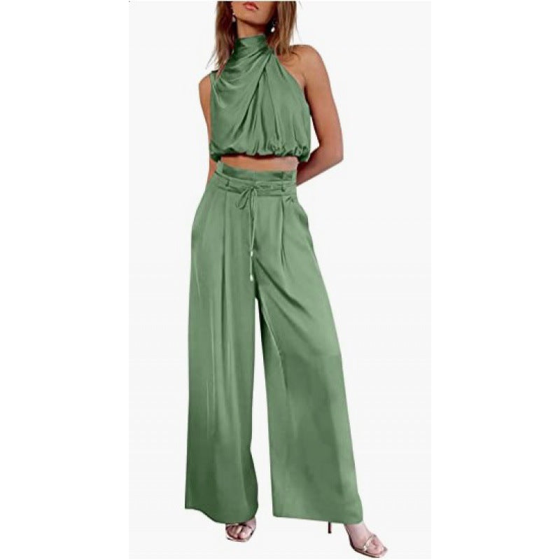 Summer Suits Casual Sleeveless Midriff-baring Top And Wide Leg Pants 2pcs Set Womens Clothing-AURA REGALIA 