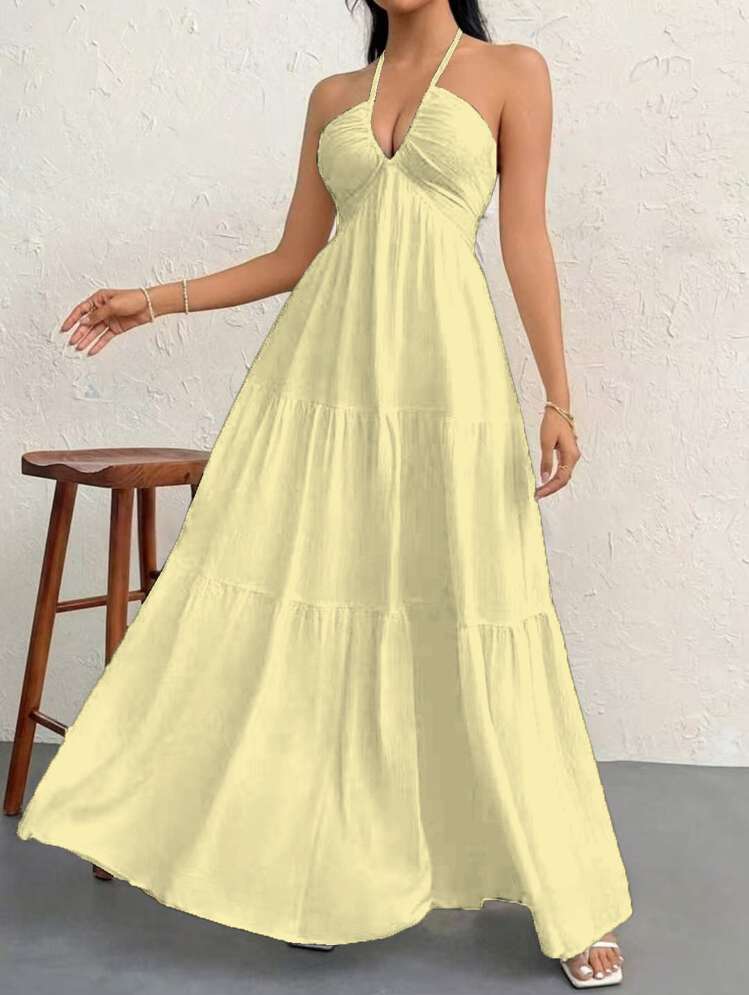 Backless Halterneck V-Neck Pleated A- Line Dress Women's Clothing One-Piece Dress Ankle-length Skirt For Beach Vacation Outfits-AURA REGALIA 
