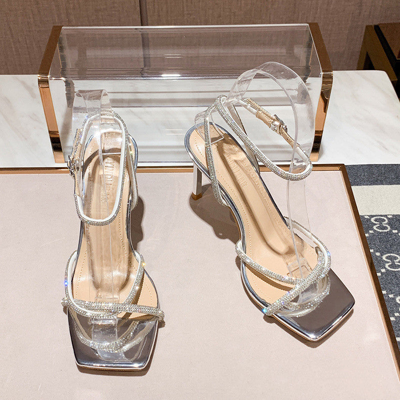 Silver Rhinestone Slingback Heeled Sandals-AURA REGALIA 