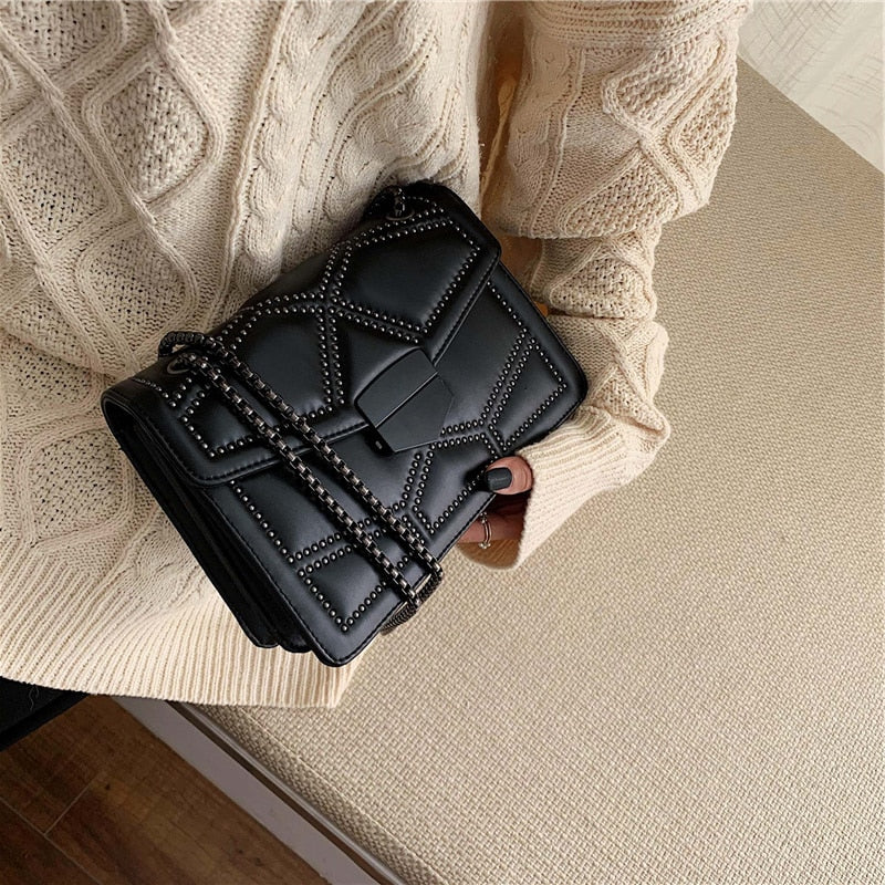 Rivet Chain Brand Designer PU Leather Crossbody Bags For Women 2021 Simple Fashion Shoulder Bag Lady Luxury Small Handbags-AURA REGALIA 
