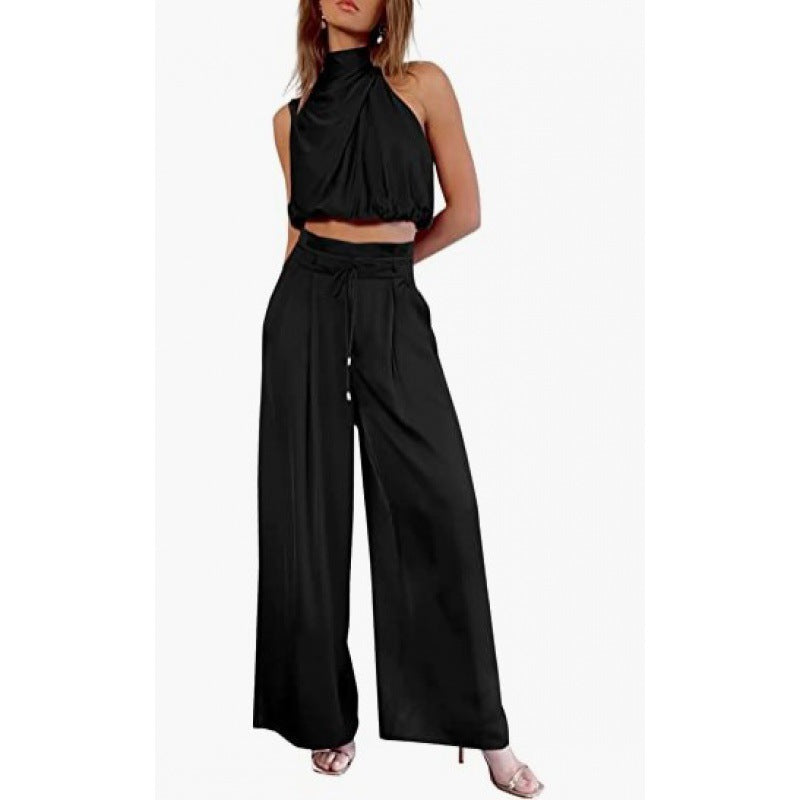 Summer Suits Casual Sleeveless Midriff-baring Top And Wide Leg Pants 2pcs Set Womens Clothing-AURA REGALIA 