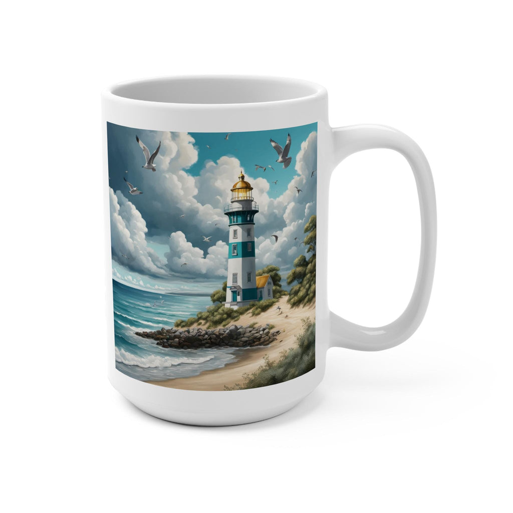 Coastal Lighthouse Scene Mug | Seagulls, Ocean Waves, Sandy Shore