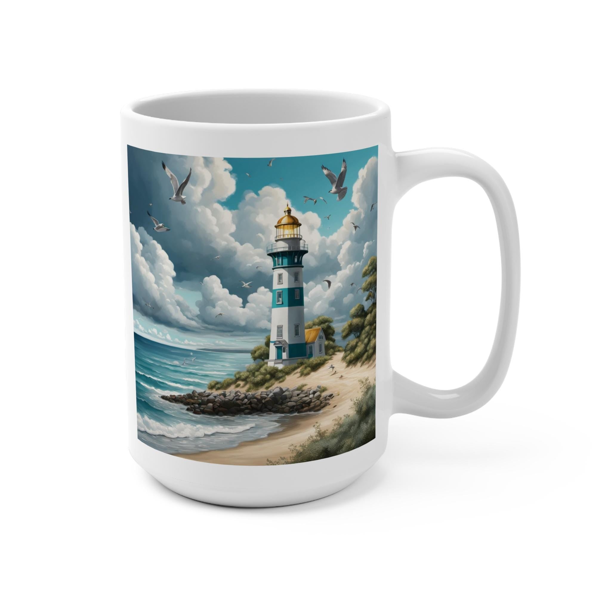 Coastal Lighthouse Scene Mug | Seagulls, Ocean Waves, Sandy Shore
