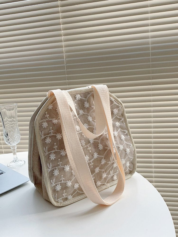 Straw Bag Summer New Fresh And Simple Lace Flower Girl Bag Handbag Beach Bag Shoulder Tote Bag-AURA REGALIA 