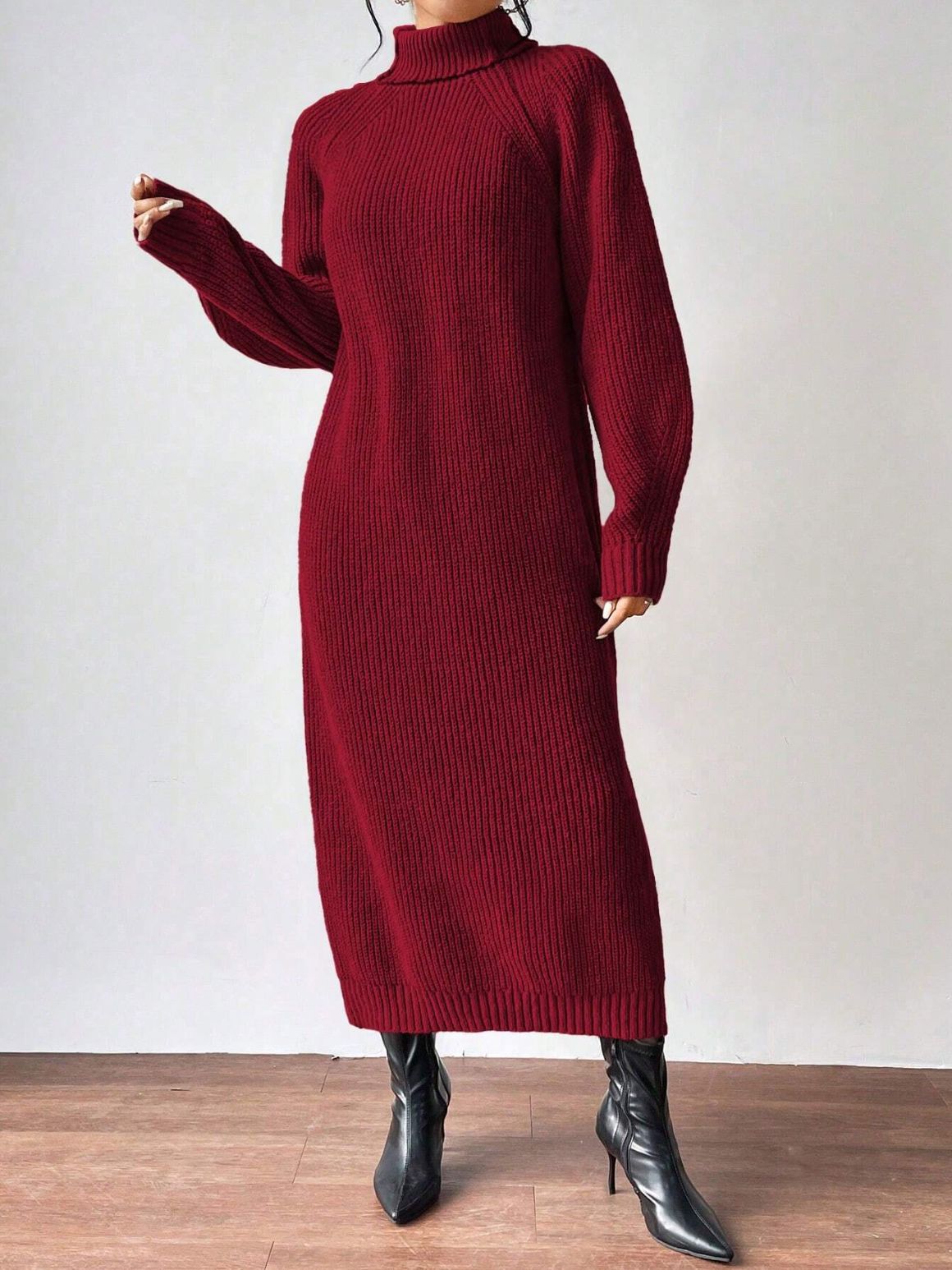 Vestido de punto a la moda para mujer, manga larga, cuello alto, cuello redondo, color liso, largo, vestido de capa interior