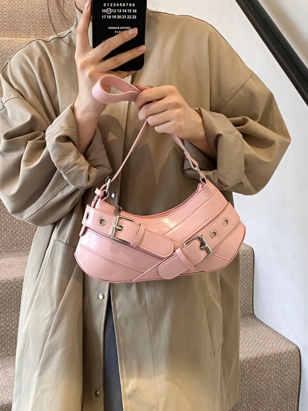 PU Leather Buckle Shoulder Bag-AURA REGALIA 