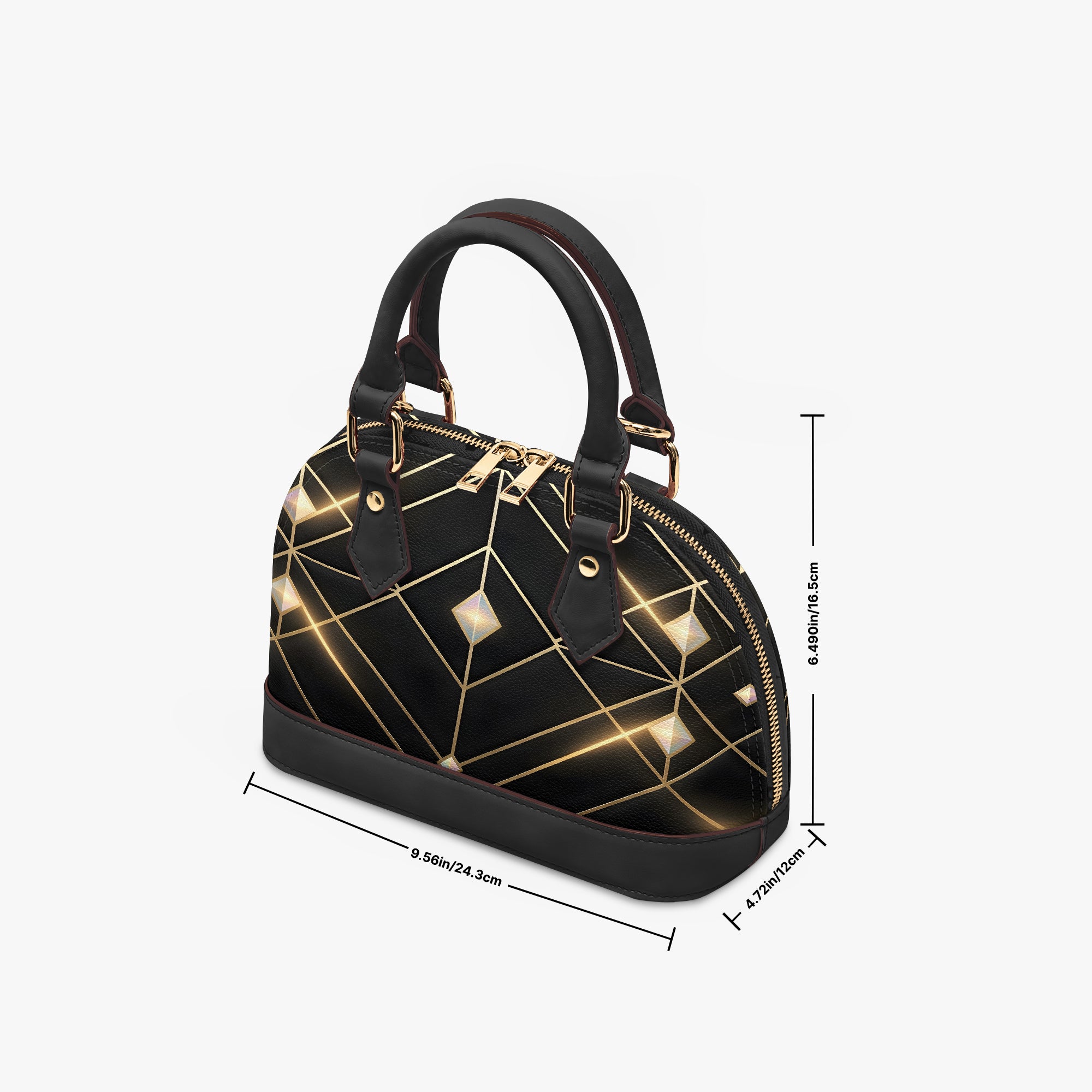 Black Art Deco Dome Handbag with Gold Geometric Design-AURA REGALIA 