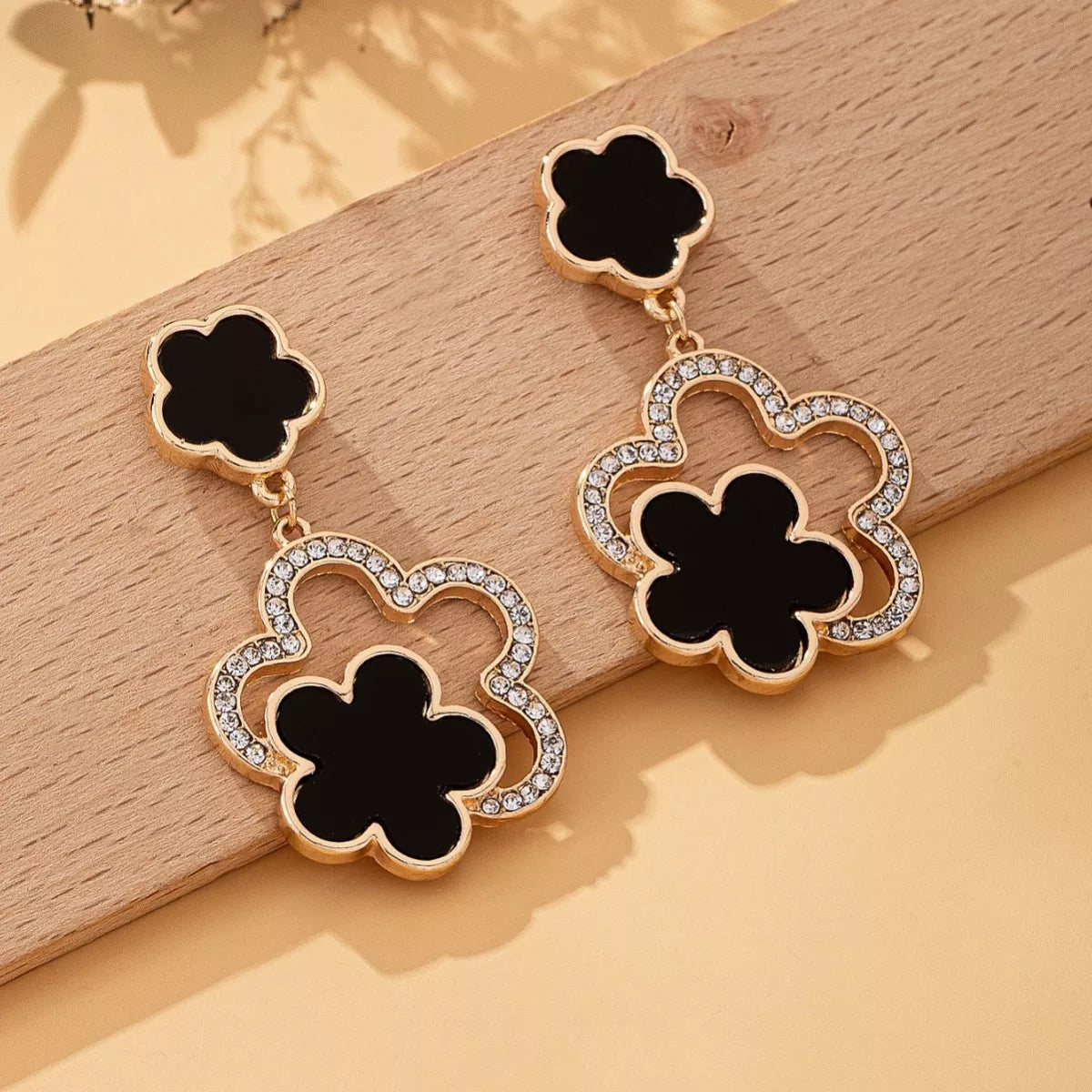Lucky Clover Dangle Earrings with Rhinestone Accents-AURA REGALIA 