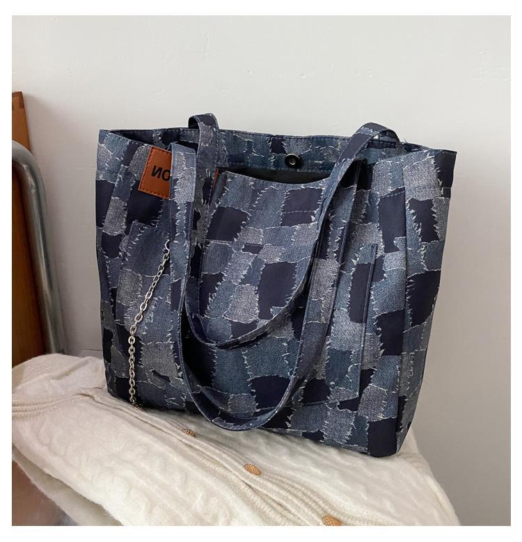 Denim Bag Women's Summer New Trendy Fashion Plaid One Shoulder Messenger Bag Large-Capacity Commuter Tote Bag