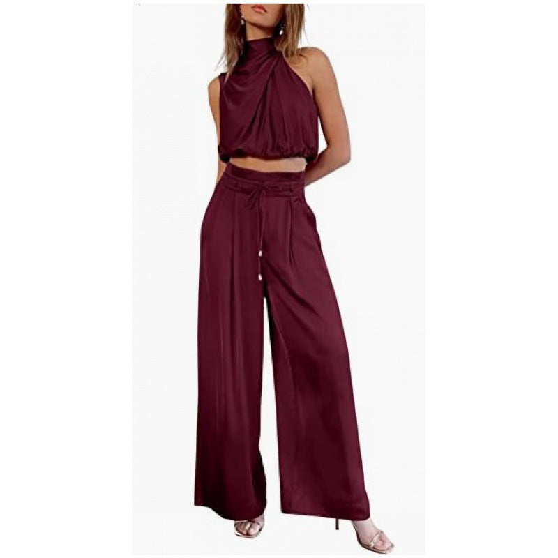 Summer Suits Casual Sleeveless Midriff-baring Top And Wide Leg Pants 2pcs Set Womens Clothing-AURA REGALIA 