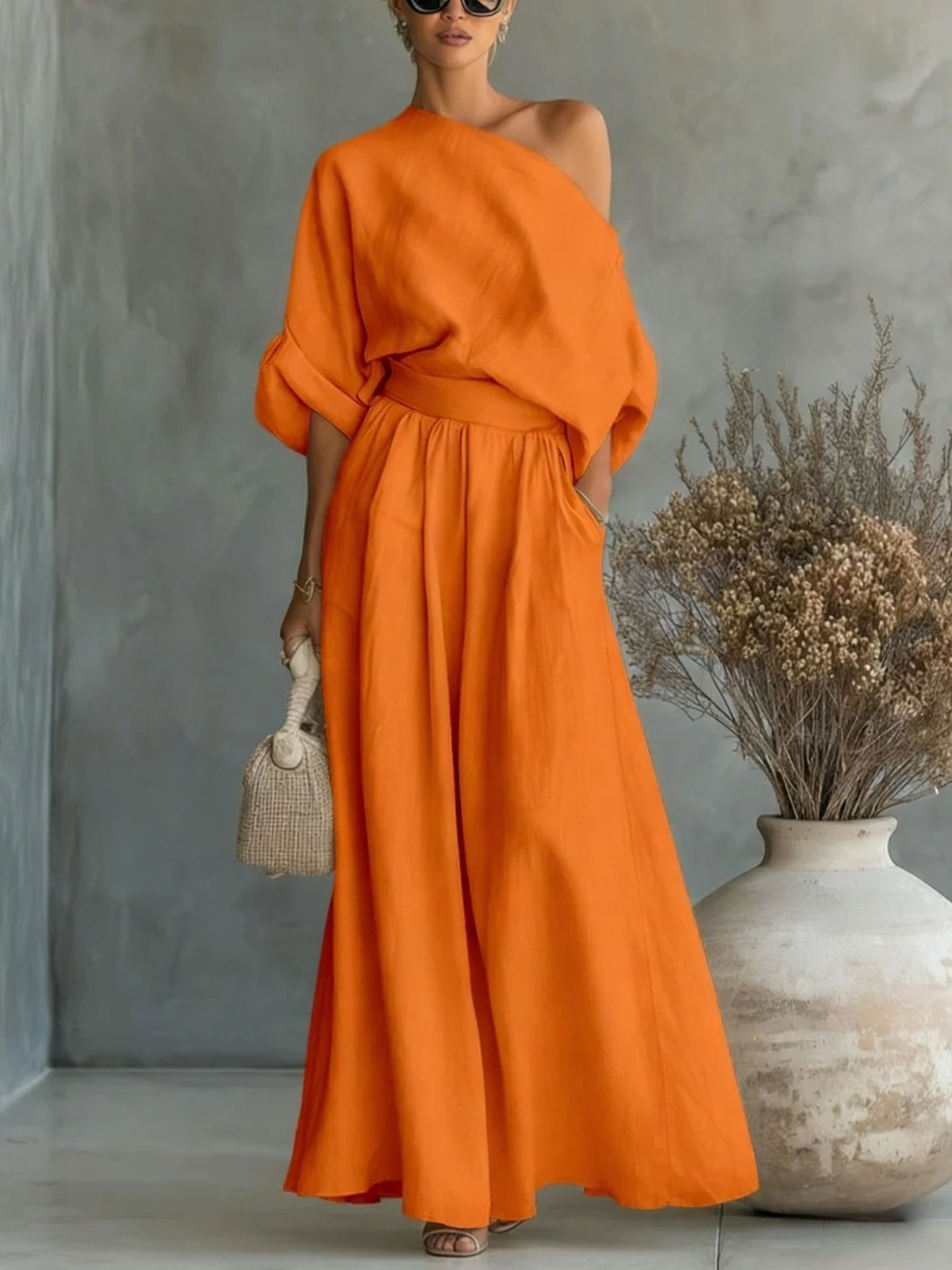 Cropped Off-shoulder Top And Pants Two-piece Set-AURA REGALIA 