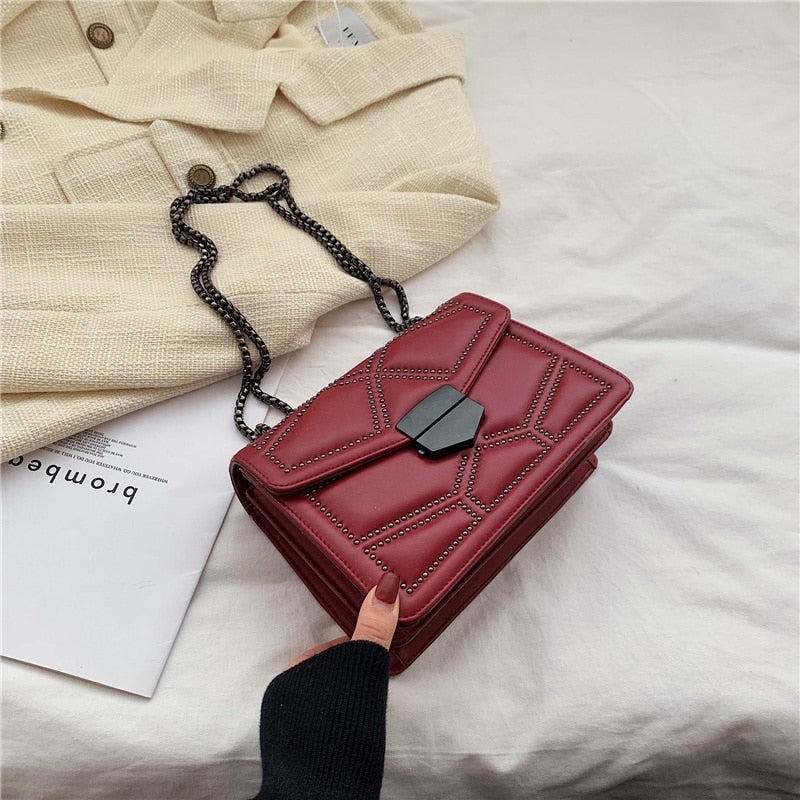 Rivet Chain Brand Designer PU Leather Crossbody Bags For Women 2021 Simple Fashion Shoulder Bag Lady Luxury Small Handbags-AURA REGALIA 