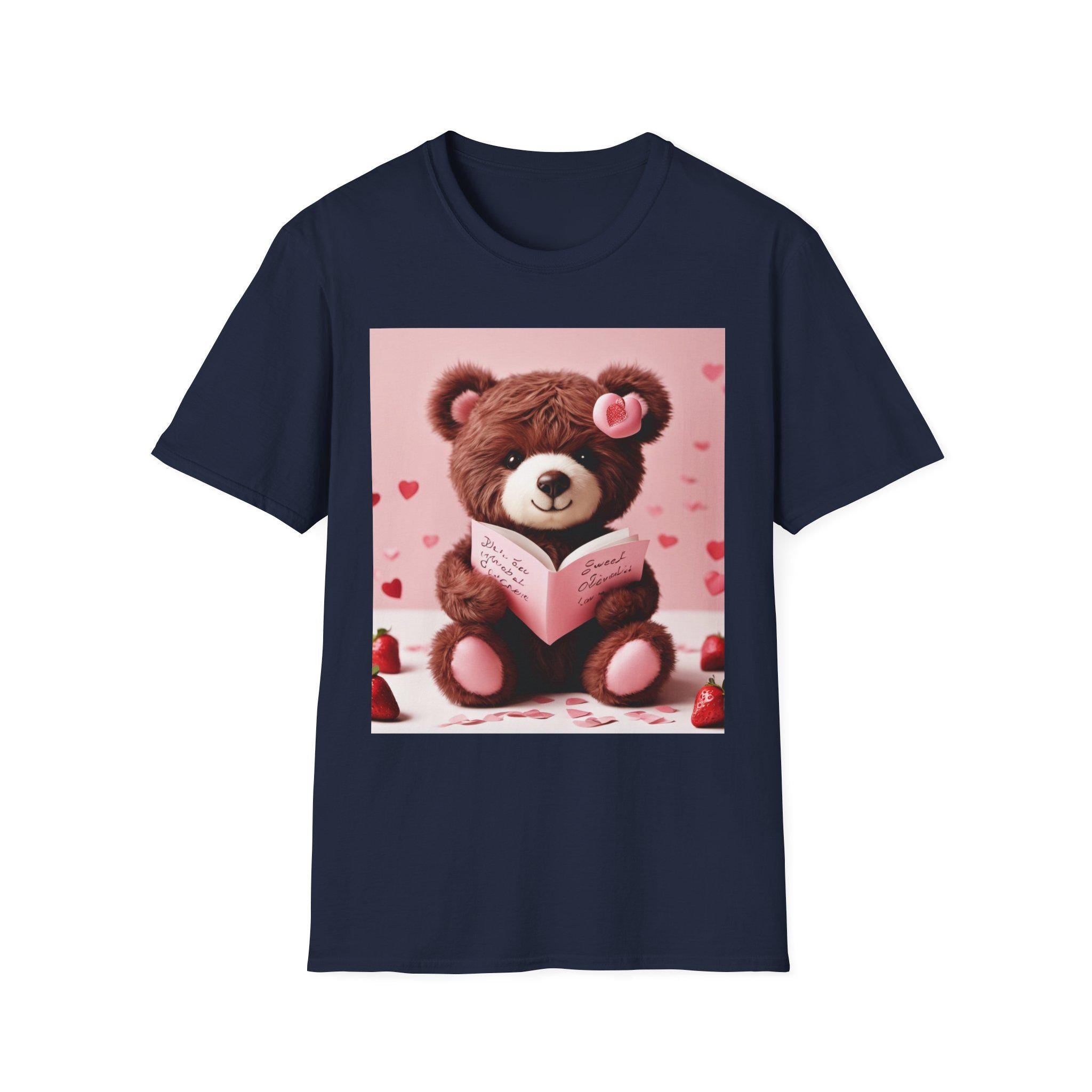 Valentine Teddy Bear Reading T-Shirt | Heart Love Design