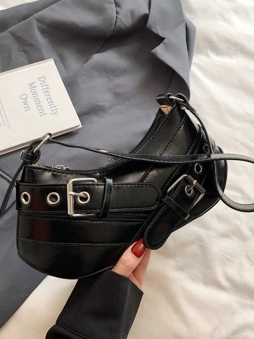 PU Leather Buckle Shoulder Bag-AURA REGALIA 
