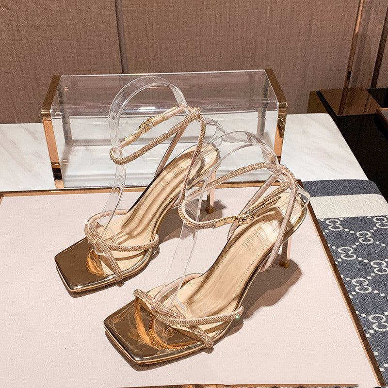 Silver Rhinestone Slingback Heeled Sandals-AURA REGALIA 