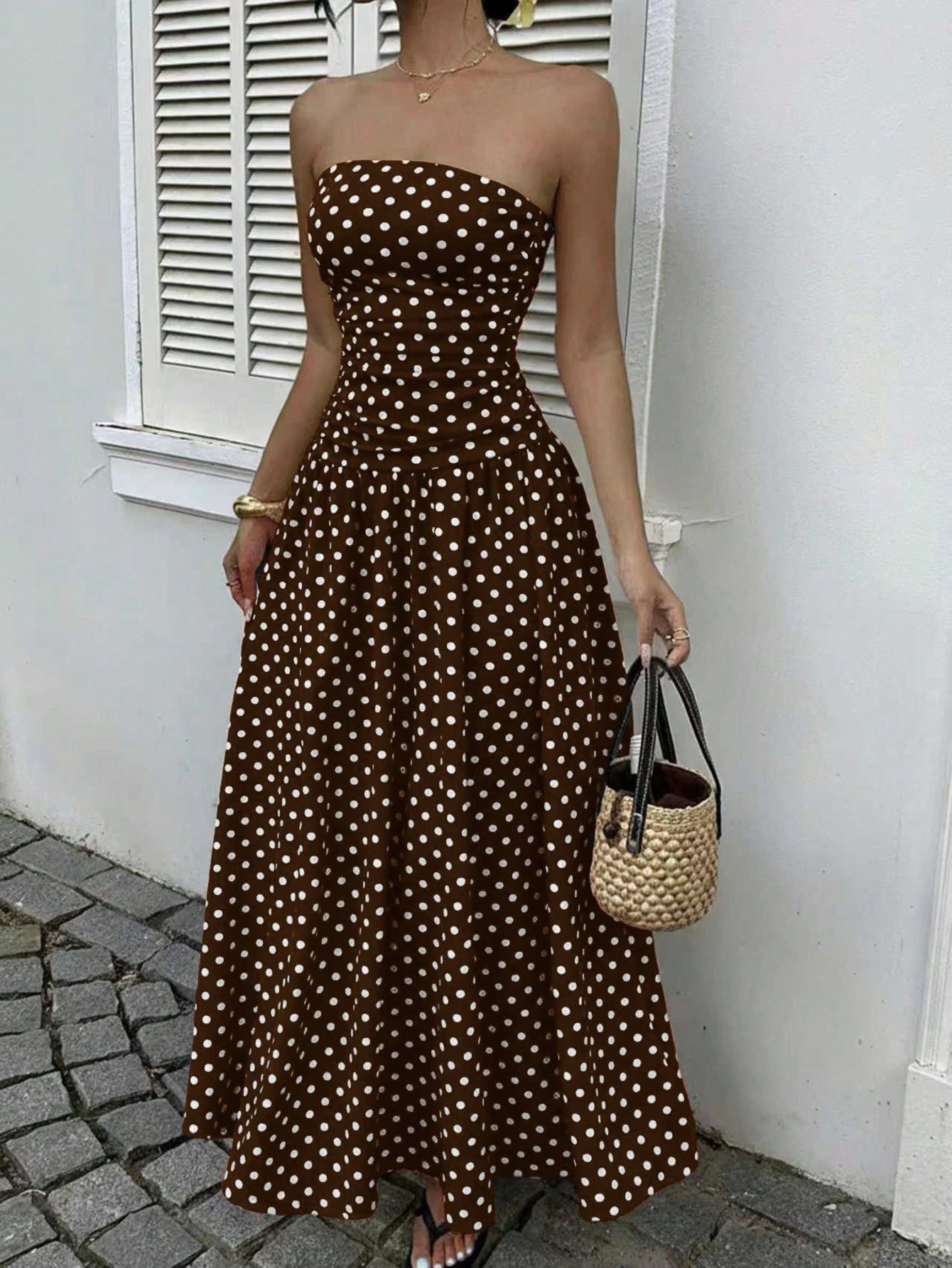 Elegant Polka-dot Off-shoulder Dresses Solid Color Strapless Lady High-waist Robe Commuting Party Business Beach Holiday Outfit-AURA REGALIA 