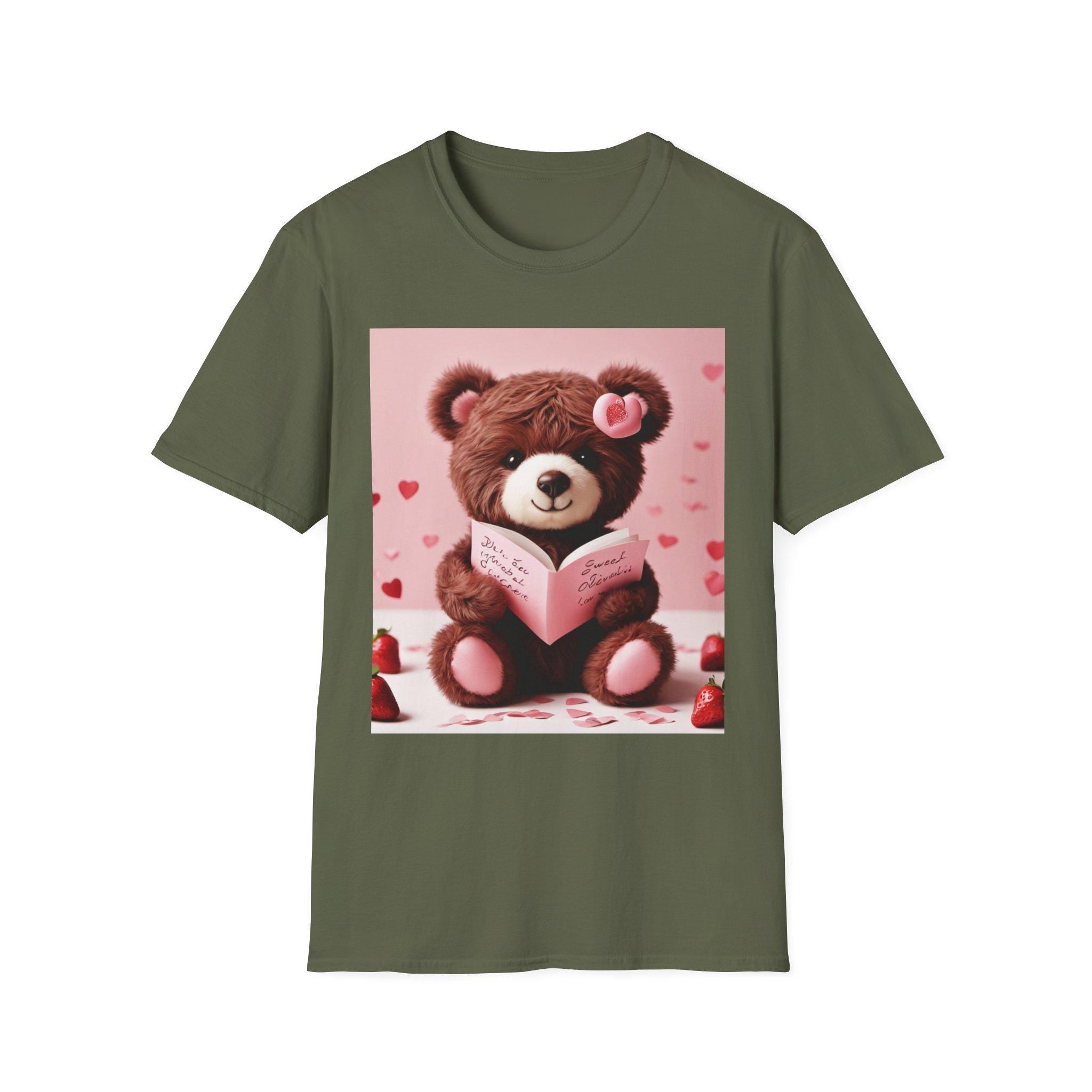 Valentine Teddy Bear Reading T-Shirt | Heart Love Design