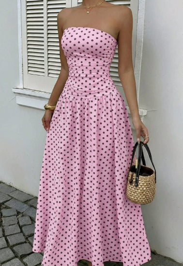 Elegant Polka-dot Off-shoulder Dresses Solid Color Strapless Lady High-waist Robe Commuting Party Business Beach Holiday Outfit-AURA REGALIA 