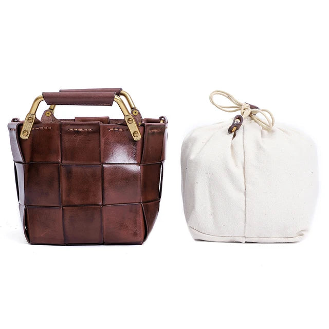 New Trendy Women Mini Calf Skin Leather Woven Clutches Basket Bag  Female Plaid Square Handbag Luxury Copy Crossbody