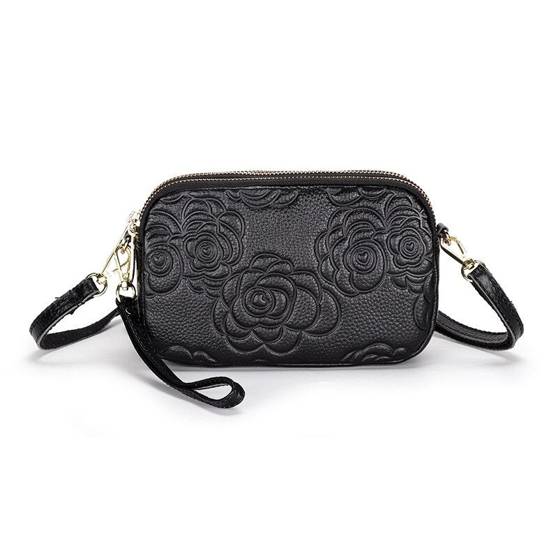 Trend Camellia Genuine Leather Messenger Bag Woman Crossbody Bag Cell Phone Bag Luxury Handbags Women Bags Designer Shoulder Bag-AURA REGALIA 