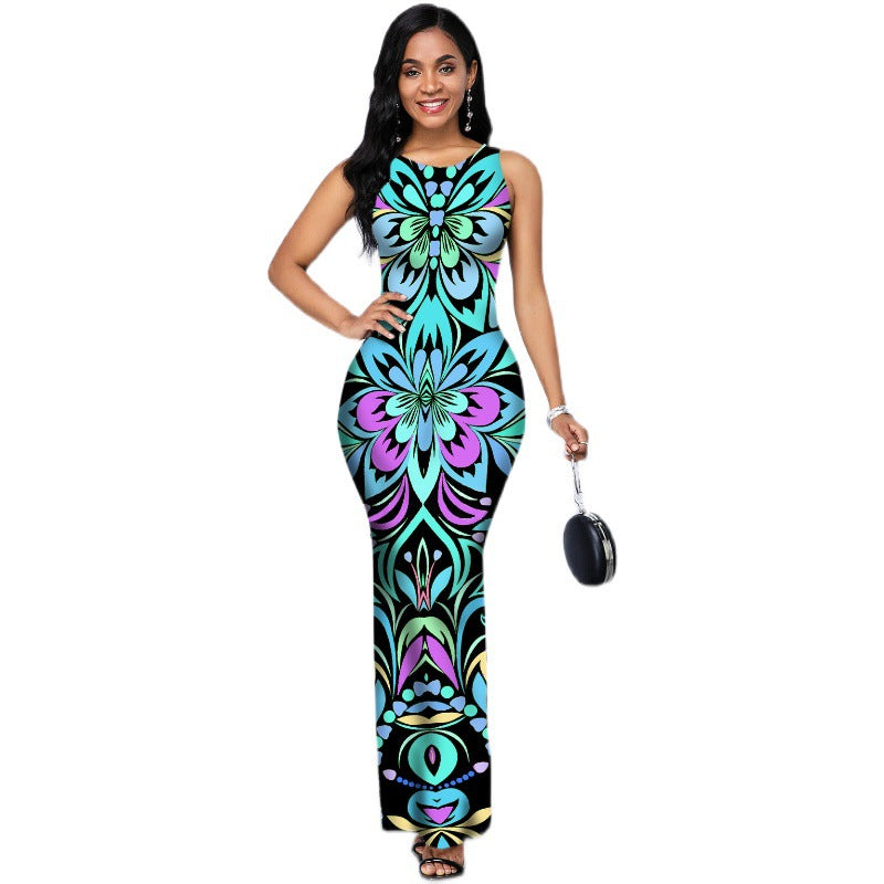 Round neck sleeveless side slit dress long skirt