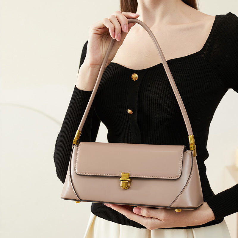 Small French baguette bag women's genuine leather net celebrity underarm bag summer French shoulder bag genuine leather women's bag-AURA REGALIA 