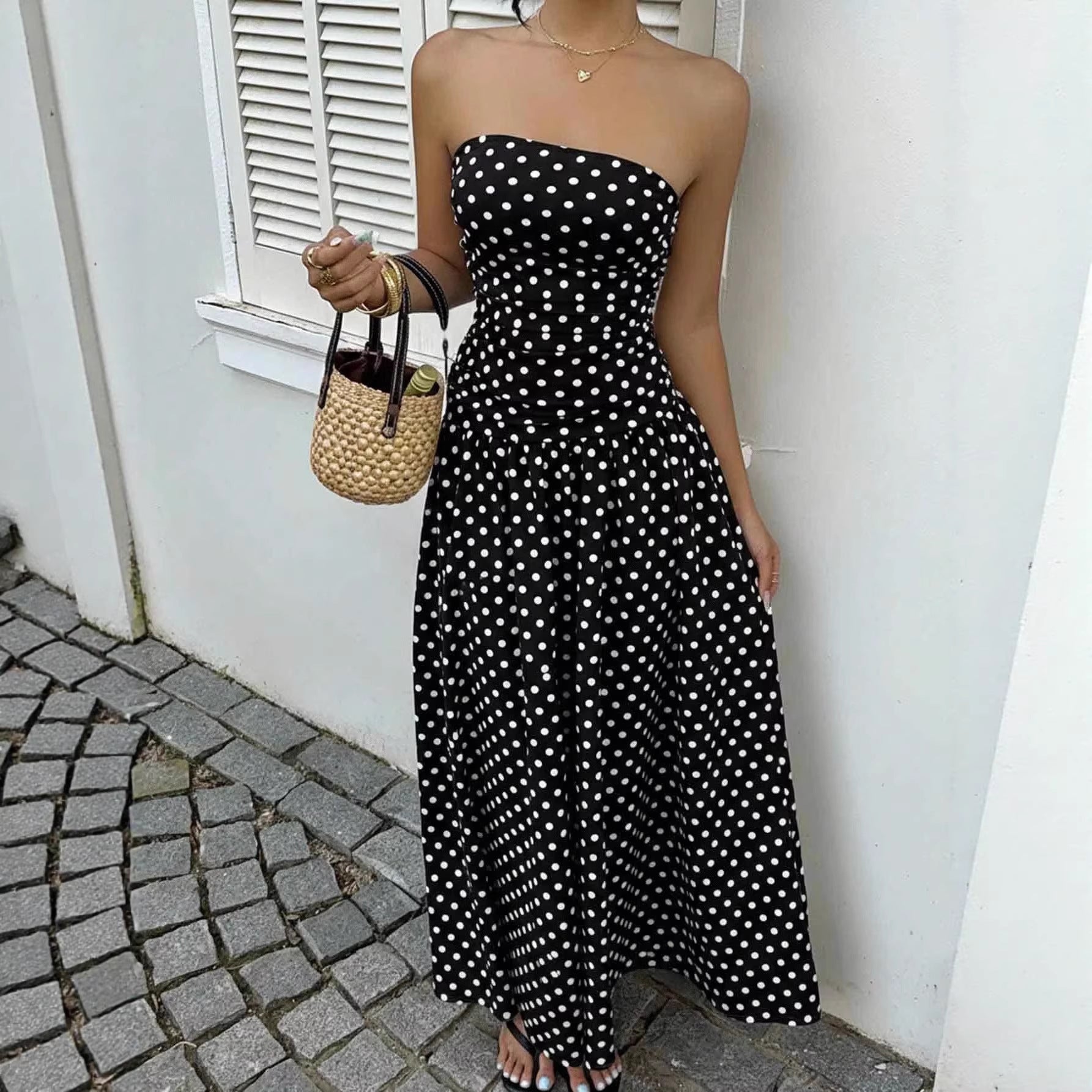 Elegant Polka-dot Off-shoulder Dresses Solid Color Strapless Lady High-waist Robe Commuting Party Business Beach Holiday Outfit-AURA REGALIA 