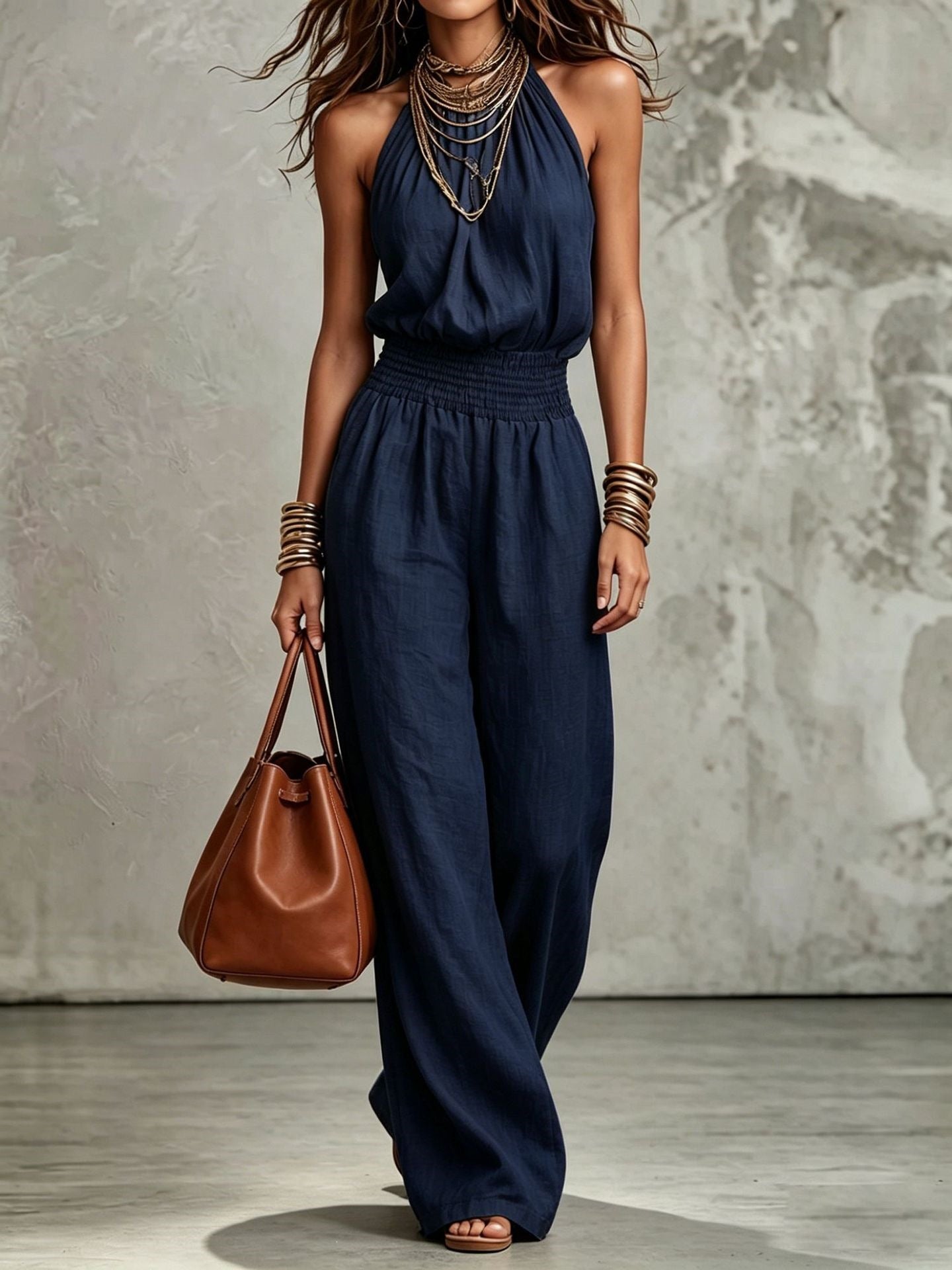 Womens Sleeveless Backless Cinched Waist Lace-up Halter Wide-leg Jumpsuit-AURA REGALIA 