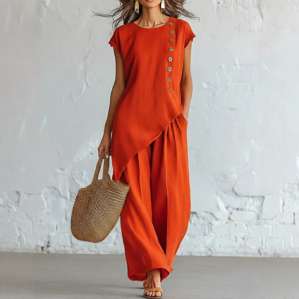 Womens Solid-Color Crew-Neck Buttoned Short-Sleeve Wide-Leg Pants Set-AURA REGALIA 