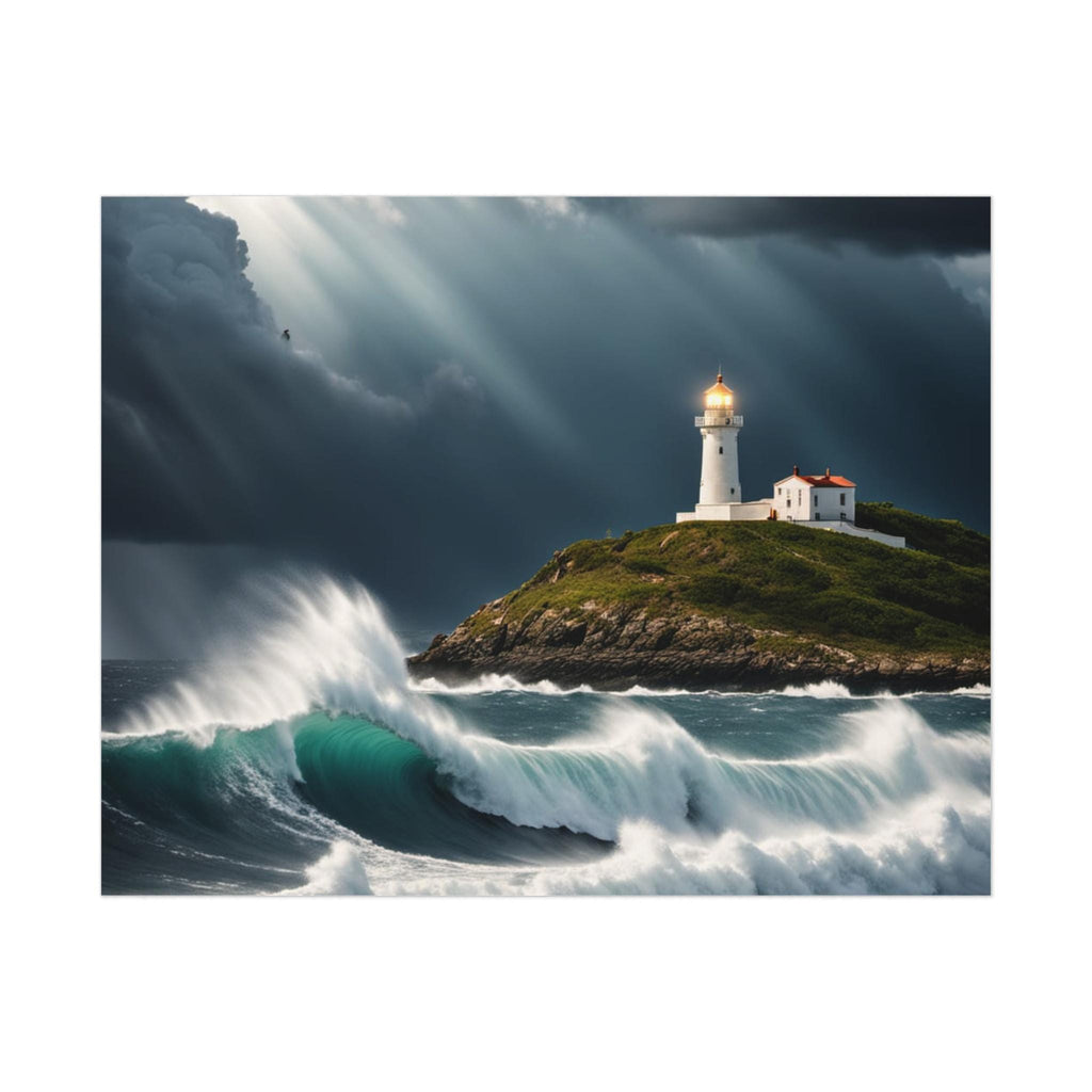 Lighthouse on Stormy Coast Poster | Ocean Waves Seascape Print
