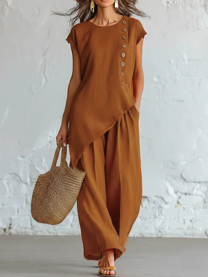 Womens Solid-Color Crew-Neck Buttoned Short-Sleeve Wide-Leg Pants Set-AURA REGALIA 