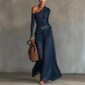 Asymmetrical Navy Blue Shoulder Long Sleeve Casual Set with Belted Long Dress