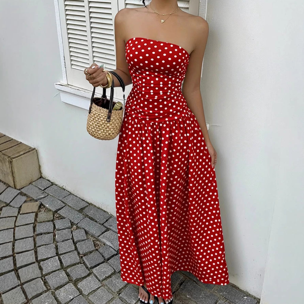 Elegant Polka-dot Off-shoulder Dresses Solid Color Strapless Lady High-waist Robe Commuting Party Business Beach Holiday Outfit-AURA REGALIA 