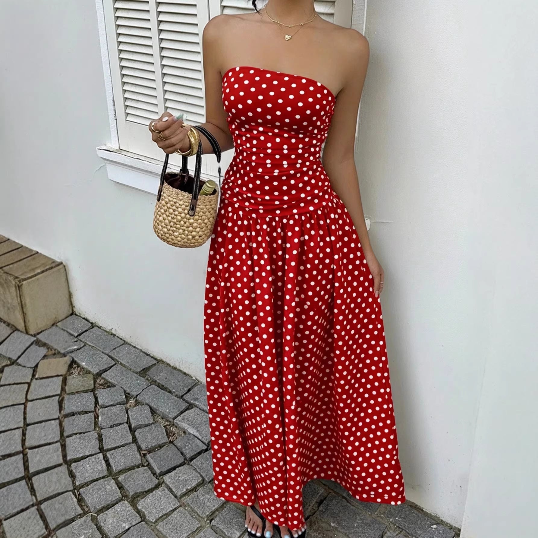 Elegant Polka-dot Off-shoulder Dresses Solid Color Strapless Lady High-waist Robe Commuting Party Business Beach Holiday Outfit-AURA REGALIA 