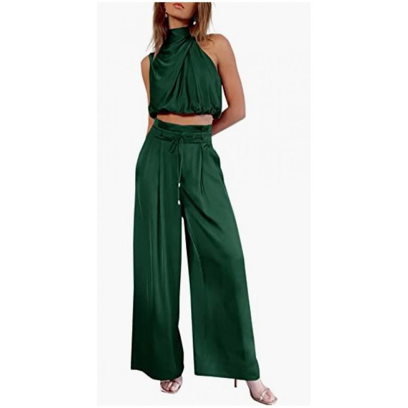 Summer Suits Casual Sleeveless Midriff-baring Top And Wide Leg Pants 2pcs Set Womens Clothing-AURA REGALIA 