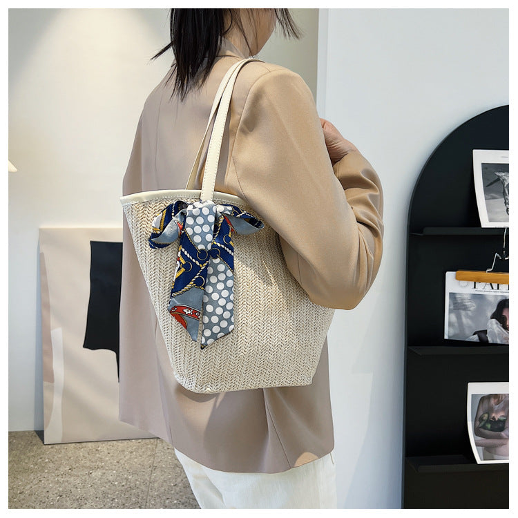 Summer Hand Held Large Capacity Straw Bag Retro Silk Scarf Woven Bag Beach Tote Bag One-Shoulder Wild Vegetable Basket Bag