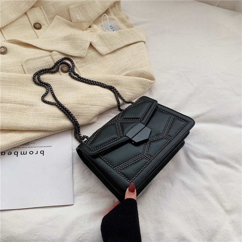 Rivet Chain Brand Designer PU Leather Crossbody Bags For Women 2021 Simple Fashion Shoulder Bag Lady Luxury Small Handbags-AURA REGALIA 