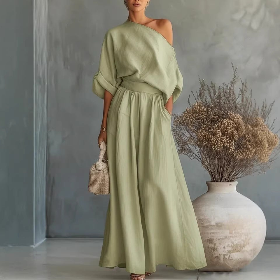 Cropped Off-shoulder Top And Pants Two-piece Set-AURA REGALIA 