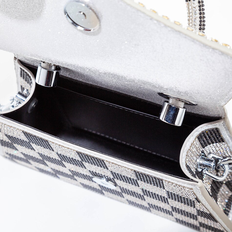 Checkerboard Patterns Crossbody Bags Women New Designer Chain Shiny Crystal Evening Clutch Purses And Handbags High Quality-AURA REGALIA 