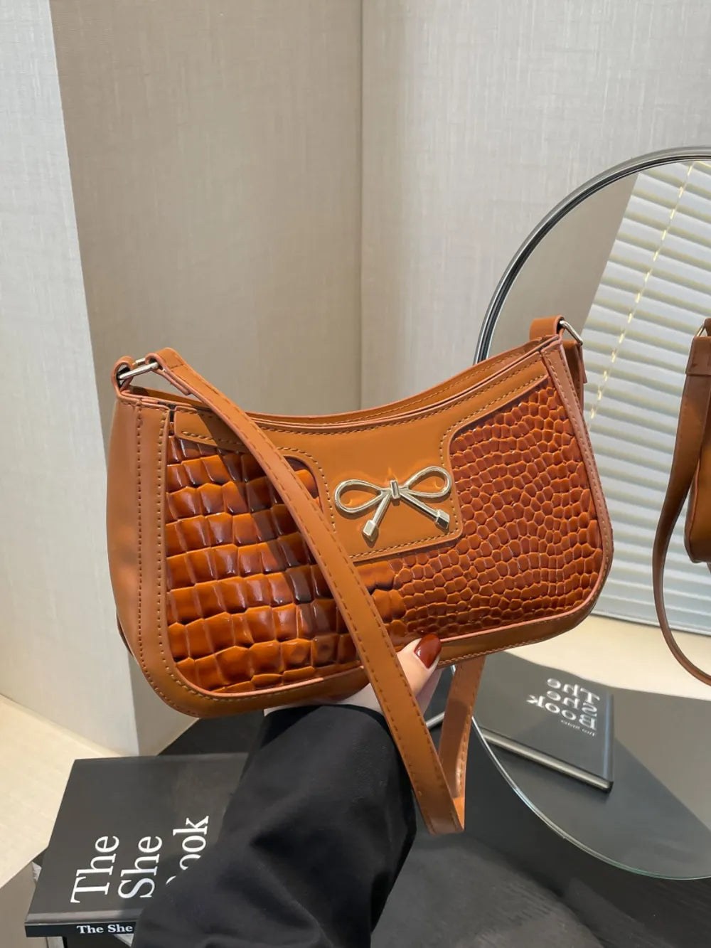 Bow PU Leather Shoulder Bag-AURA REGALIA 