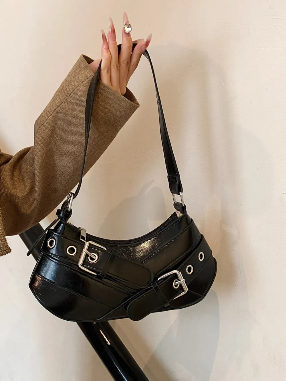 PU Leather Buckle Shoulder Bag-AURA REGALIA 