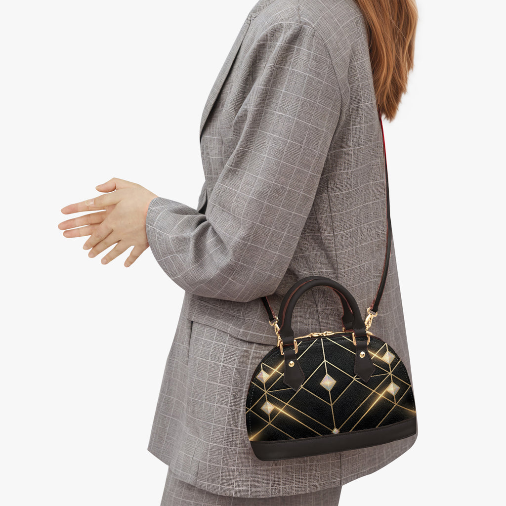 Black Art Deco Dome Handbag with Gold Geometric Design-AURA REGALIA 