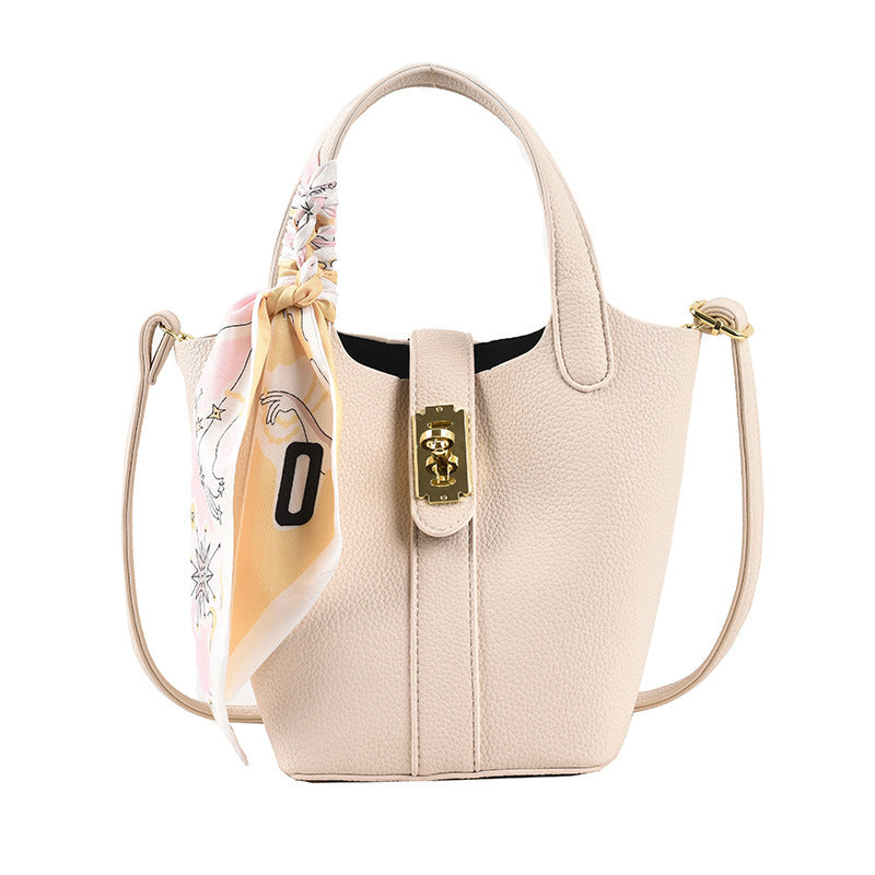 Women's Bag New Lychee Pattern Shoulder Bag Silk Scarf Shoulder Bag Female Small Fresh Messenger Bag Lock Buckle Bucket Bag-AURA REGALIA 