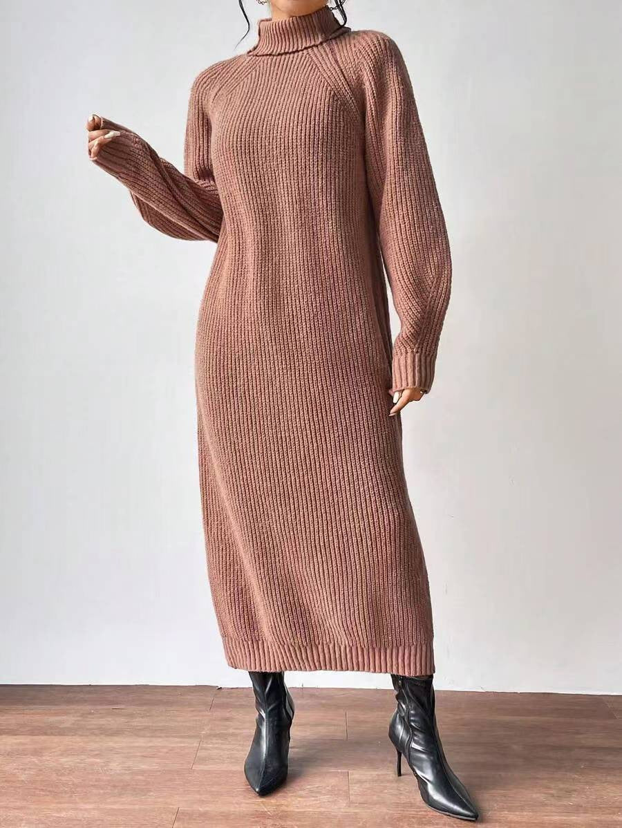 Vestido de punto a la moda para mujer, manga larga, cuello alto, cuello redondo, color liso, largo, vestido de capa interior