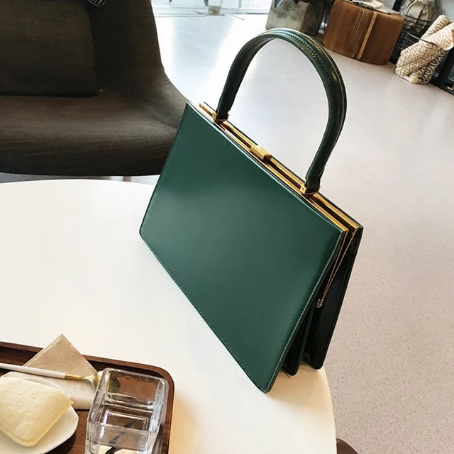 Vintage PU Leather Underarm Tote Handbag with Big Clip-AURA REGALIA 