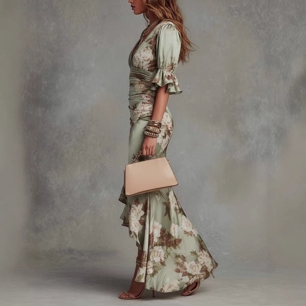 Elegant Long Dress with V-Neck, Fitted Silhouette, Floral Print and Ruffle Hem