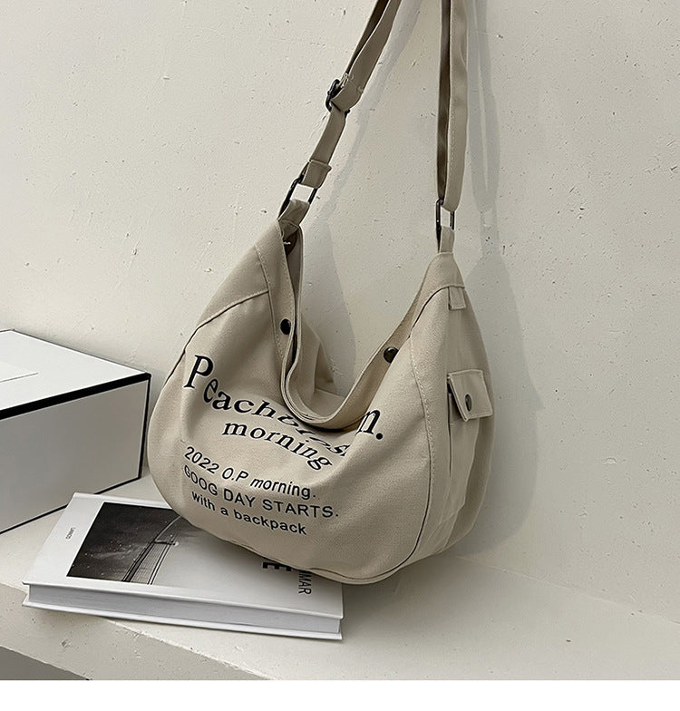 Letter Canvas Bag Female New Trendy Fashion All-Match Tote Bag Student Class Large Capacity Messenger Bag
