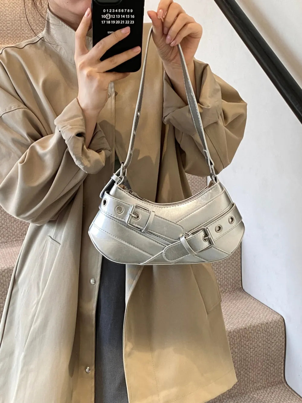 PU Leather Buckle Shoulder Bag-AURA REGALIA 